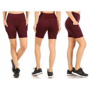 Yoga Band Biker Shorts w/ Pockets - WINE RED